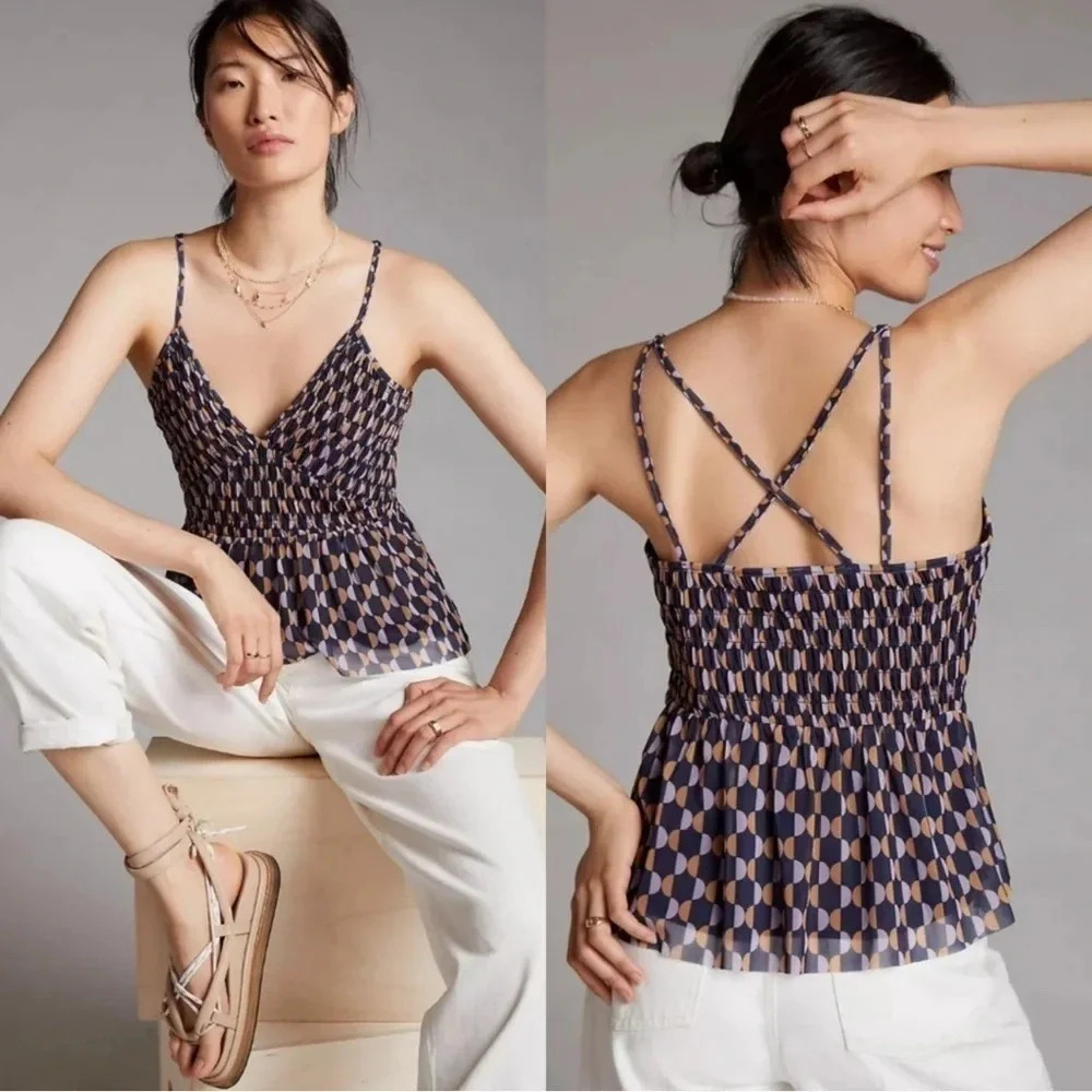 Anthropologie V-Neck Ruched Mesh Strappy Tank Size Small